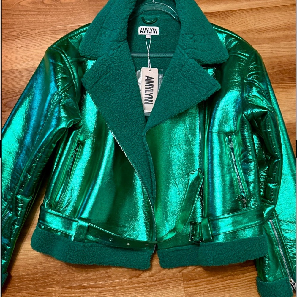 Amyln Shimmering Green Leather Jacket